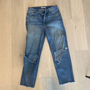 GRLFRND high waist straight leg jeans with distressed knee and button enclosure